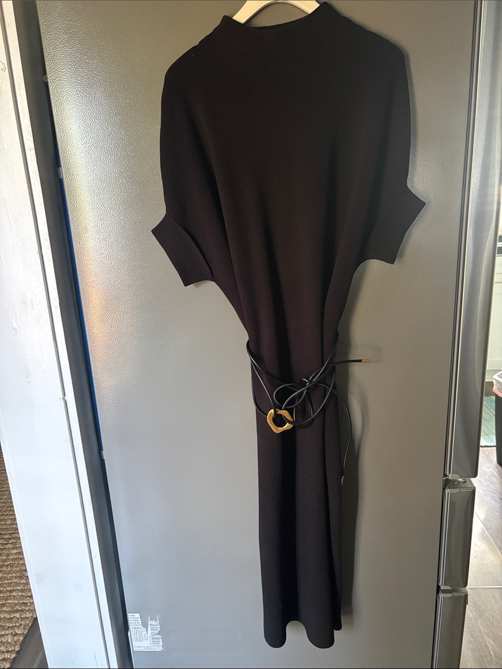 Zara Black Midi Knit Dress with Gold Ring Belt Sz Med NWT